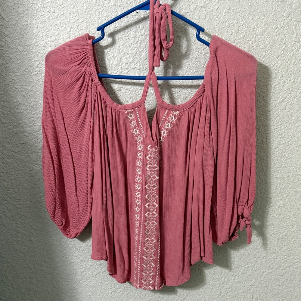 Rock and Roll Denim Elegant Pink Blouse with Embroidered Details